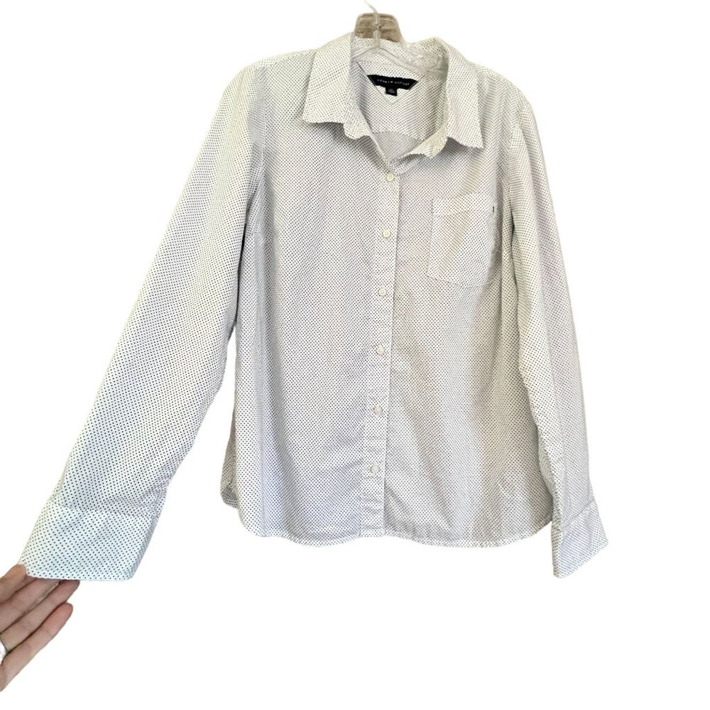 TOMMY HILFIGER Small Black and White Polka Dot Button Down Blouse ...